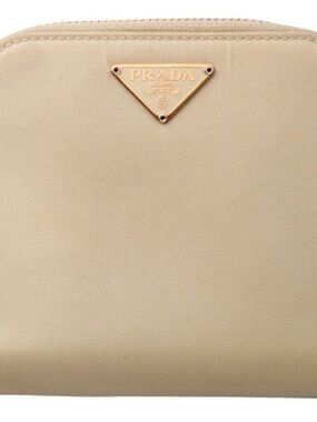 Prada Beige Nylon Cosmetic Pouch with Gold Triangle Logo
